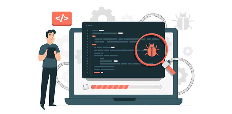 Laptop with code opened and a magnifying glass